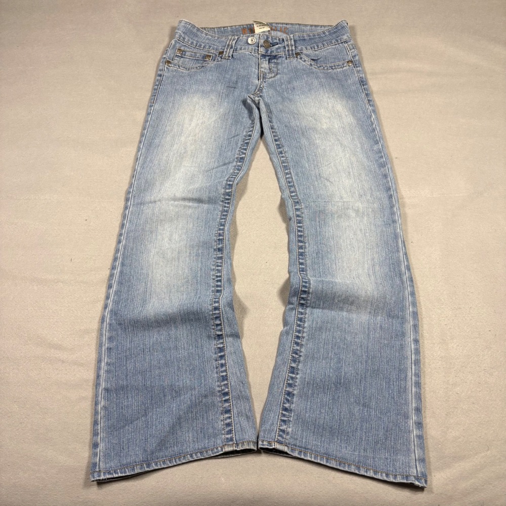 Y2K Hydraulic Womens Light Wash Low Rise Flare Jeans Gold Glitter Wings Size 5/6
